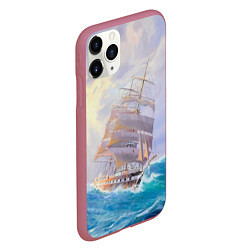 Чехол iPhone 11 Pro матовый Фрегат в штормовом океане, цвет: 3D-малиновый — фото 2
