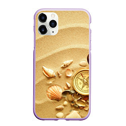 Чехол iPhone 11 Pro матовый Композиция из ракушек и компаса на песке, цвет: 3D-сиреневый