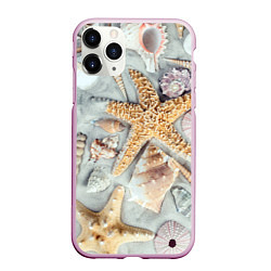 Чехол iPhone 11 Pro матовый Морские звёзды и ракушки на океанском песке, цвет: 3D-розовый