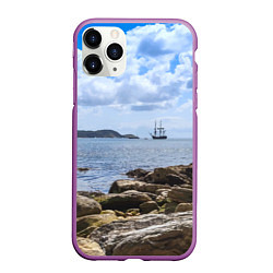 Чехол iPhone 11 Pro матовый Парусник на горизонте океана, цвет: 3D-фиолетовый