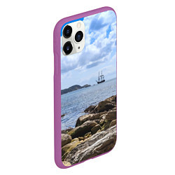 Чехол iPhone 11 Pro матовый Парусник на горизонте океана, цвет: 3D-фиолетовый — фото 2