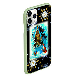 Чехол iPhone 11 Pro матовый Новый год изба и звери в лесу, цвет: 3D-салатовый — фото 2
