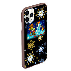 Чехол iPhone 11 Pro матовый Новый Год Зайчик и Мишка Соревнуются, цвет: 3D-коричневый — фото 2