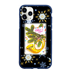 Чехол iPhone 11 Pro матовый Новый год ёлочная ветвь и труба, цвет: 3D-тёмно-синий