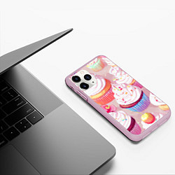 Чехол iPhone 11 Pro матовый Много сладких капкейков, цвет: 3D-розовый — фото 2