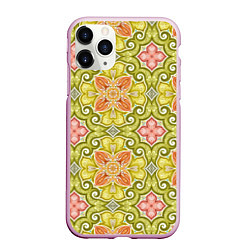 Чехол iPhone 11 Pro матовый Зеленые узоры и оранжевые цветы, цвет: 3D-розовый