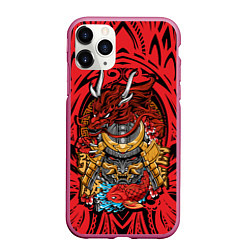 Чехол iPhone 11 Pro матовый Маска воина самурая с драконом, цвет: 3D-малиновый