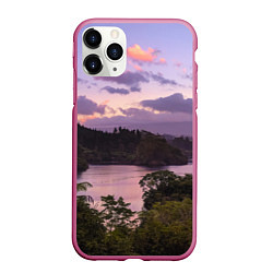 Чехол iPhone 11 Pro матовый Пейзаж вечерней реки и леса, цвет: 3D-малиновый