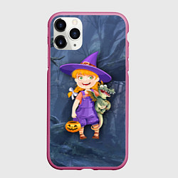 Чехол iPhone 11 Pro матовый Ведьма малолетка в тёмном лесу с дракончиком, цвет: 3D-малиновый