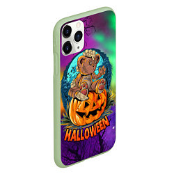 Чехол iPhone 11 Pro матовый Хэллоуин - мишка на тыкве, цвет: 3D-салатовый — фото 2