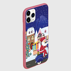 Чехол iPhone 11 Pro матовый Дед Мороз едет на скутере с подарками в Новогоднюю, цвет: 3D-малиновый — фото 2