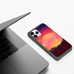 Чехол iPhone 11 Pro матовый Абстрактные 3D неоновые горы на закате, цвет: 3D-темно-зеленый — фото 2