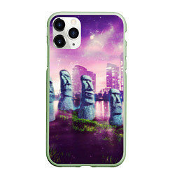 Чехол iPhone 11 Pro матовый Мем камень лицо - головы Моаи, цвет: 3D-салатовый
