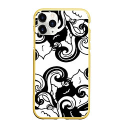 Чехол iPhone 11 Pro матовый Черные волнистые узоры на белом, цвет: 3D-желтый