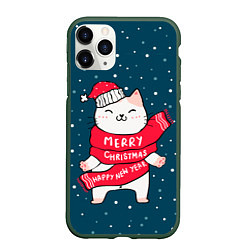 Чехол iPhone 11 Pro матовый Новогодний котик в колпачке, цвет: 3D-темно-зеленый