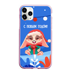 Чехол iPhone 11 Pro матовый С новым годом - зайчик с подарком, цвет: 3D-розовый