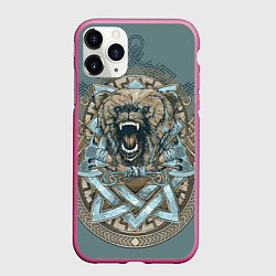 Чехол iPhone 11 Pro матовый Голова медведя-викинга, цвет: 3D-малиновый
