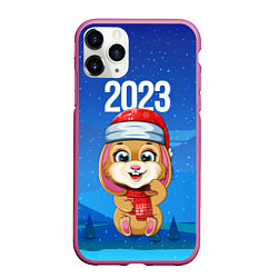 Чехол iPhone 11 Pro матовый 2023 - Новогодний зайчик, цвет: 3D-малиновый