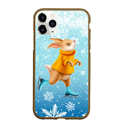 Чехол iPhone 11 Pro матовый Кролик на коньках в снегопад, цвет: 3D-коричневый