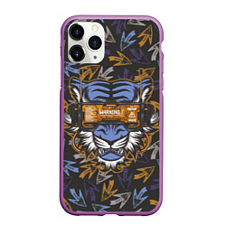 Чехол iPhone 11 Pro матовый Тигр в киберочках, цвет: 3D-фиолетовый