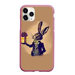 Чехол iPhone 11 Pro матовый Кролик в костюме с подарком, цвет: 3D-малиновый