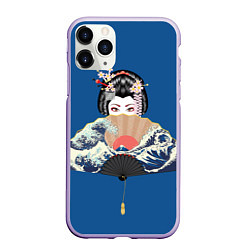 Чехол iPhone 11 Pro матовый Японская гейша с большим веером, цвет: 3D-светло-сиреневый
