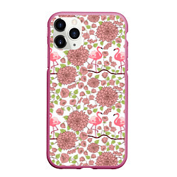 Чехол iPhone 11 Pro матовый Фламинго и лотосы, цвет: 3D-малиновый