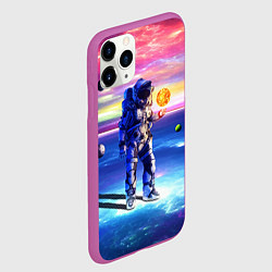 Чехол iPhone 11 Pro матовый Космонавт среди планет в виртуальной вселенной, цвет: 3D-фиолетовый — фото 2