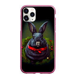 Чехол iPhone 11 Pro матовый Черный водяной кролик с ленточкой, цвет: 3D-малиновый