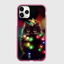 Чехол iPhone 11 Pro матовый Новогодний котик с гирляндой, цвет: 3D-малиновый