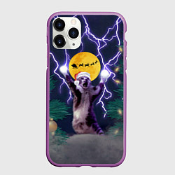 Чехол iPhone 11 Pro матовый Новогодний кот с молниями, цвет: 3D-фиолетовый