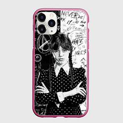 Чехол iPhone 11 Pro матовый Уэнсдей: Черное/Белое, цвет: 3D-малиновый