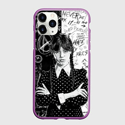 Чехол iPhone 11 Pro матовый Уэнсдей: Черное/Белое, цвет: 3D-фиолетовый