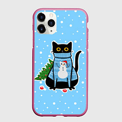 Чехол iPhone 11 Pro матовый Котик в свитере под снегопадом - синий, цвет: 3D-малиновый
