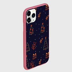 Чехол iPhone 11 Pro матовый Елочки и подарки на синем фоне, цвет: 3D-малиновый — фото 2