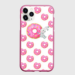 Чехол iPhone 11 Pro матовый Серый кролик с розовыми пончиками, цвет: 3D-малиновый