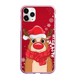 Чехол iPhone 11 Pro матовый Новогодний олень и снежинки, цвет: 3D-розовый