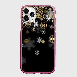 Чехол iPhone 11 Pro матовый Золотые и белые снежинки, цвет: 3D-малиновый