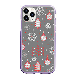Чехол iPhone 11 Pro матовый Красно-серые елочки и снежинки, цвет: 3D-светло-сиреневый