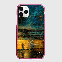 Чехол iPhone 11 Pro матовый Синие и жёлтые огни и царапины, цвет: 3D-малиновый