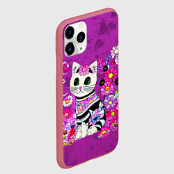 Чехол iPhone 11 Pro матовый Зеленоглазый котенок в цветах, цвет: 3D-малиновый — фото 2