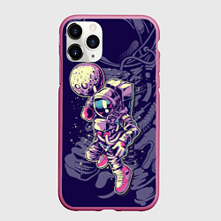 Чехол iPhone 11 Pro матовый Космонавт с луной, цвет: 3D-малиновый