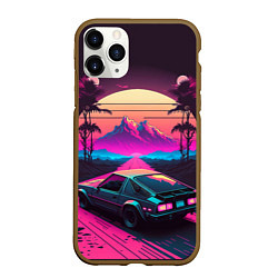 Чехол iPhone 11 Pro матовый Synthwave car and mountains, цвет: 3D-коричневый