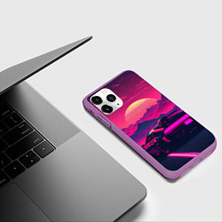 Чехол iPhone 11 Pro матовый Синтвейв закат с автомобилем, цвет: 3D-фиолетовый — фото 2