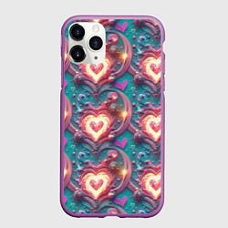 Чехол iPhone 11 Pro матовый Паттерн пылающие сердца, цвет: 3D-фиолетовый
