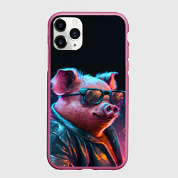 Чехол iPhone 11 Pro матовый Свинья в очках, цвет: 3D-малиновый