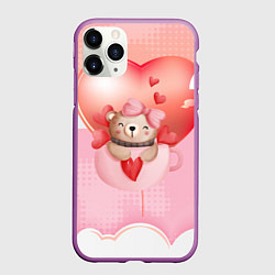 Чехол iPhone 11 Pro матовый Мишка в чашке с сердечком, цвет: 3D-фиолетовый