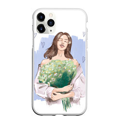Чехол iPhone 11 Pro матовый Девушка с ромашками на синем фоне, цвет: 3D-белый