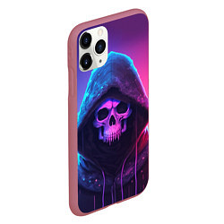Чехол iPhone 11 Pro матовый Неоновый череп в капюшоне, цвет: 3D-малиновый — фото 2