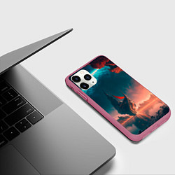 Чехол iPhone 11 Pro матовый Абстрактный летающий корабль и луна, цвет: 3D-малиновый — фото 2